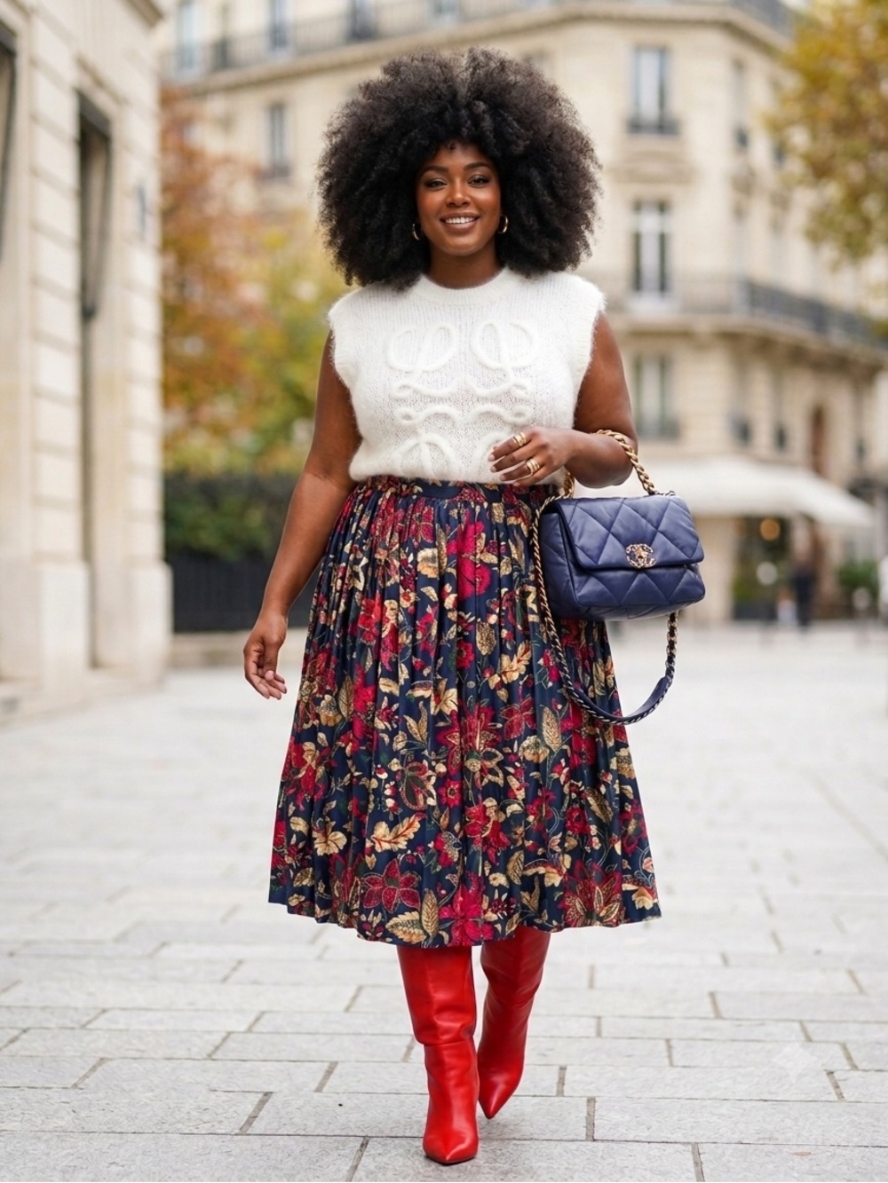 Vintage Floral Midi Skirt in Navy, Red, and Gold